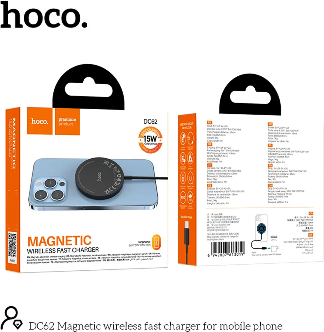 Hoco Magnetische Draadloze Lader 15W MagSafe - Type C - 1m - Zwart
