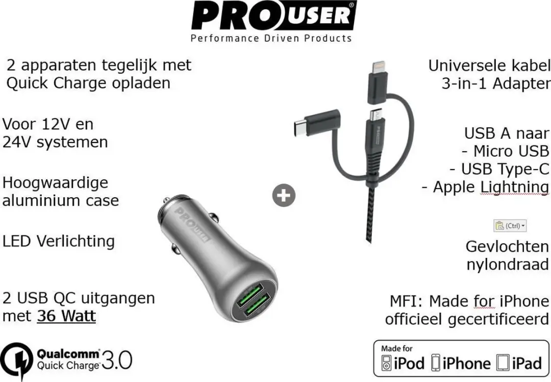 Pro-User 36W Dual USB Auto Lader - Zilver