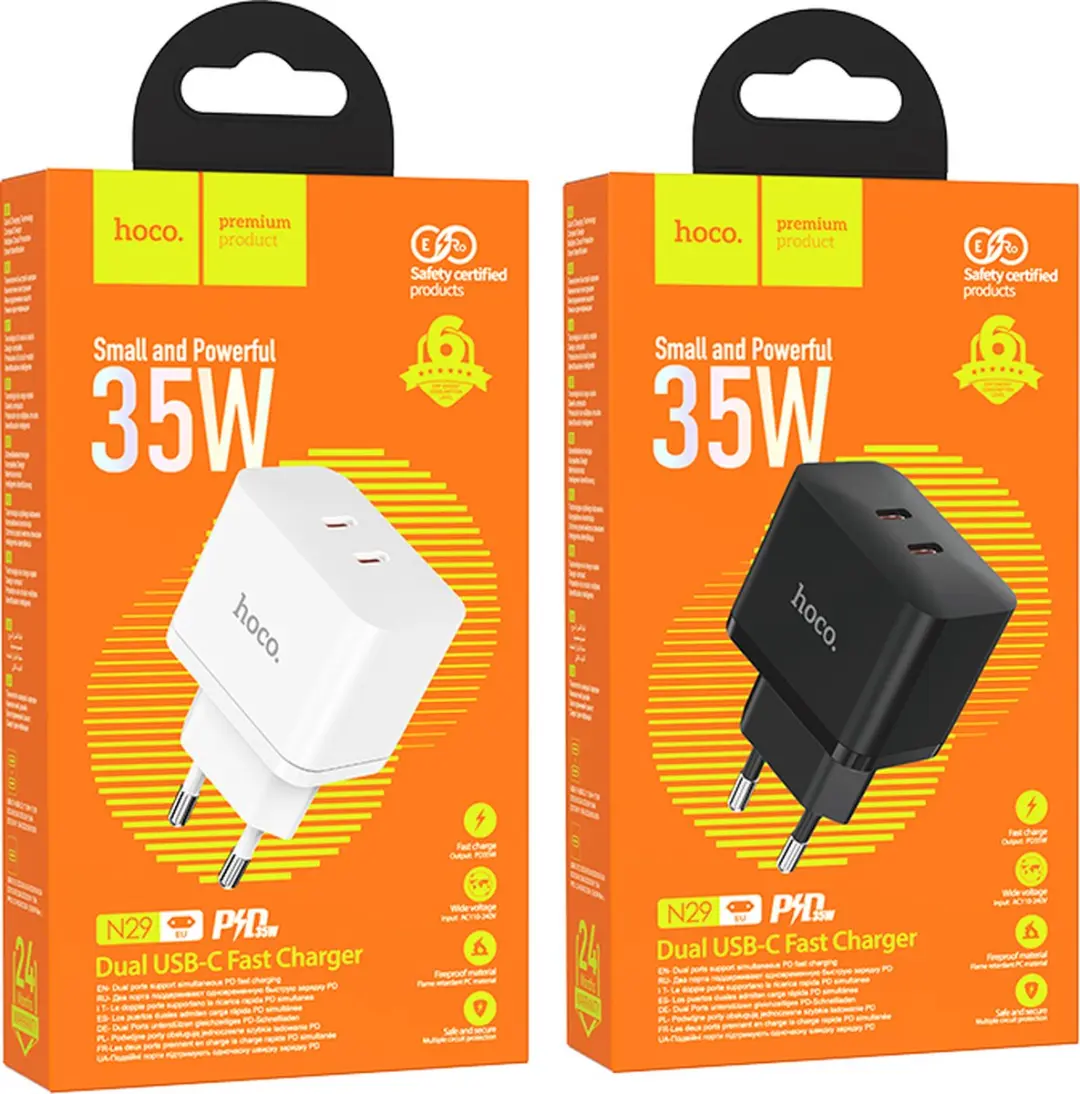 Hoco 35W Snel Oplader N29 - Dual USB-C - 35W - Zwart - afbeelding 6 van 6