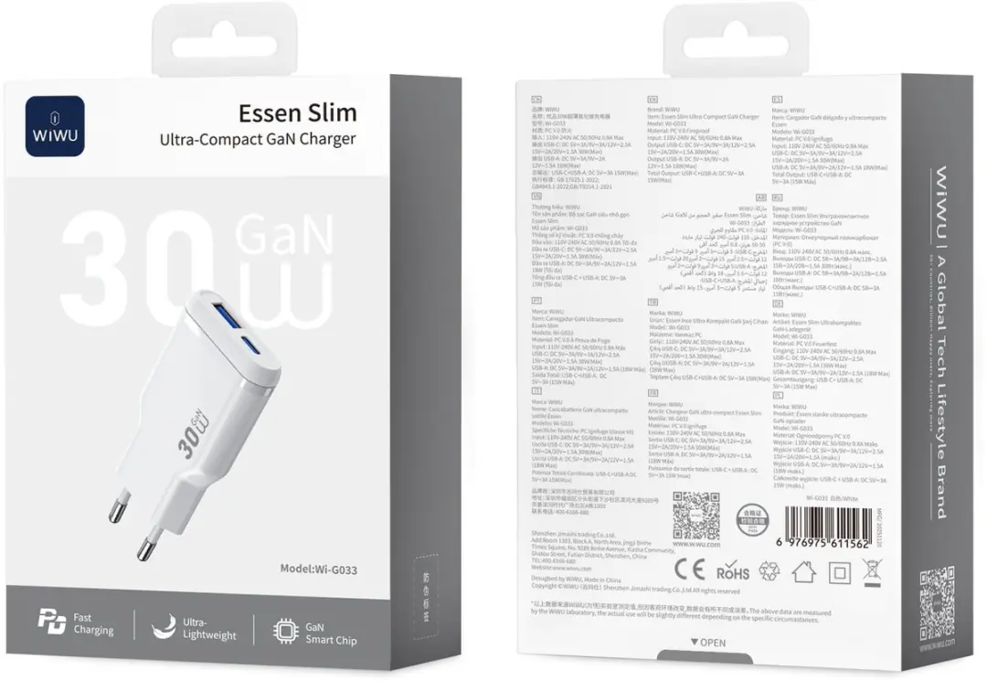 WiWu Essen Slim 30W USB-C Oplader - 2x USB-C - 30W - Wit