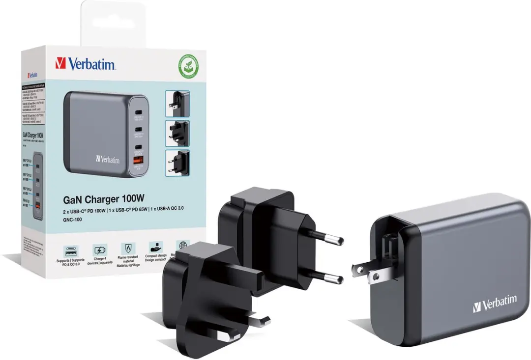 Verbatim GNC-100 GaN Oplader 100W - 4 Poorten - Grijs