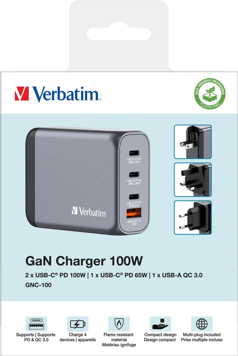 Verbatim GNC-100 GaN Oplader 100W - 4 Poorten - Grijs - afbeelding 6 van 6