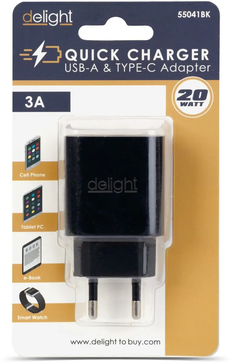 Delight Oplaadblok 55041BK - USB-A + USB-C 20W - Zwart