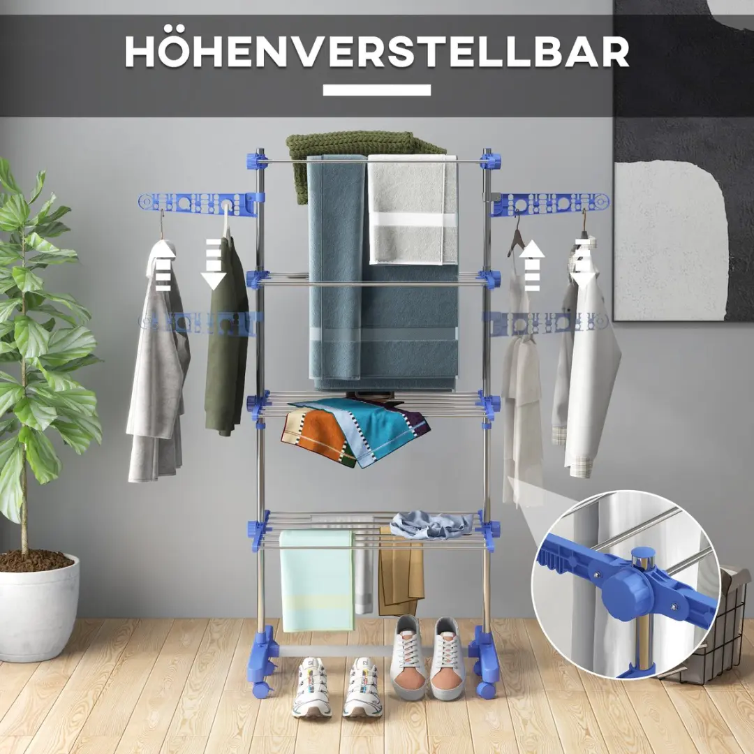 Homcom Edelstalen Wäscheständer - 142x55x172cm - Blauw