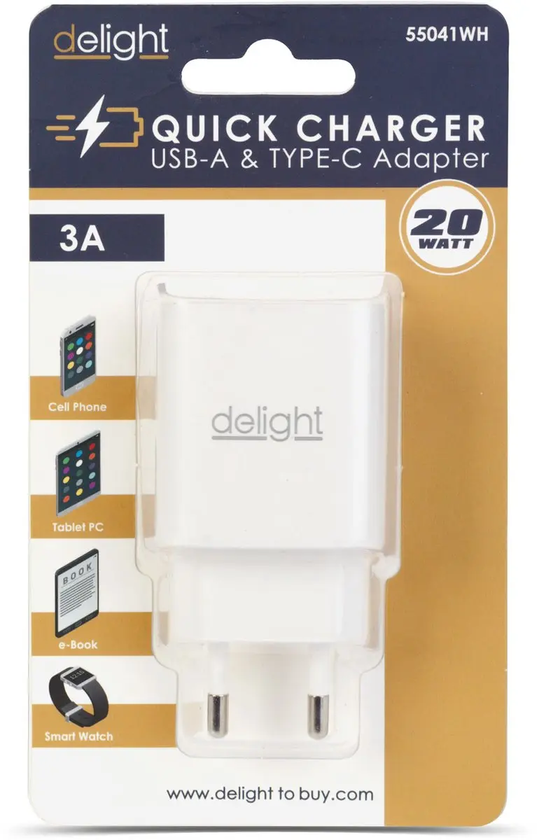 Delight Oplaadblok 20W USB-A + USB-C PD - Wit