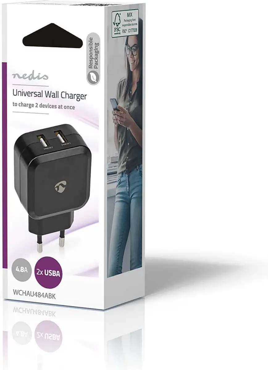 Nedis WCHAU484ABK Oplader 24W - 2x USB-A - Zwart