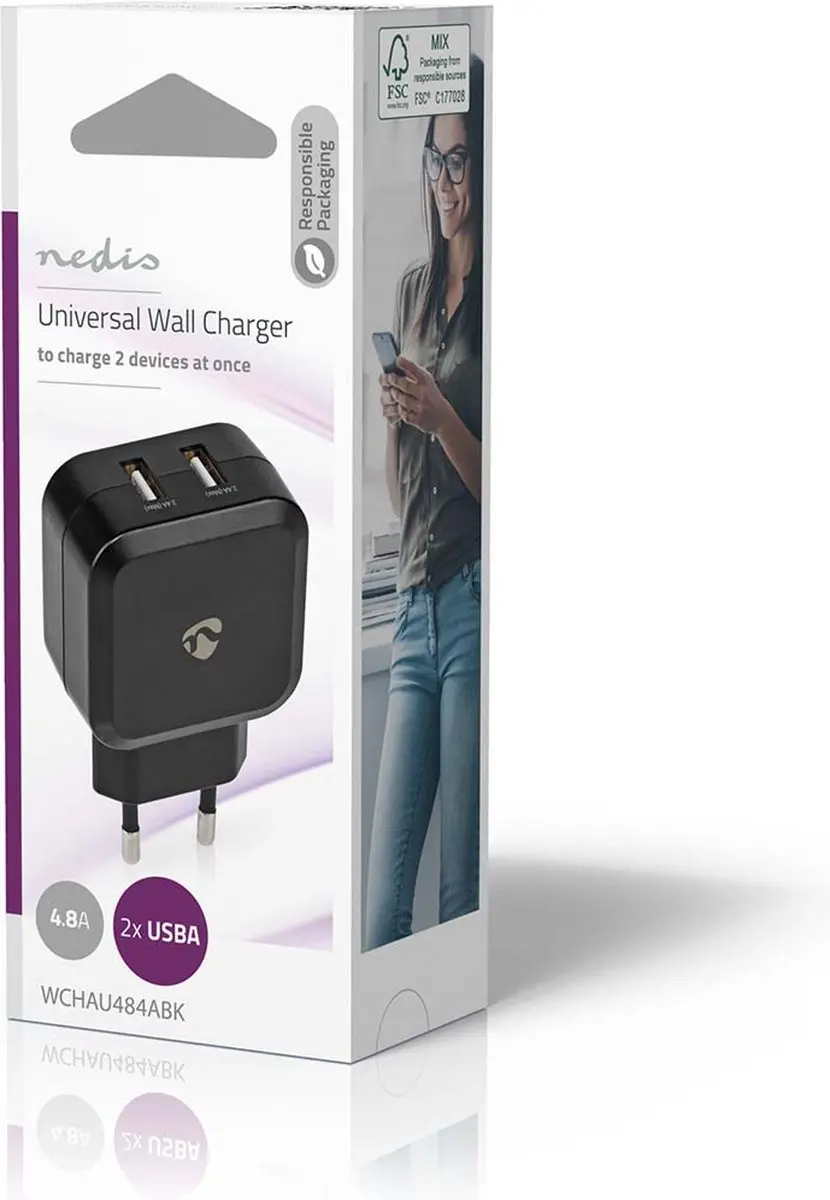 Nedis WCHAU484ABK Oplader 24W - 2x USB-A - Zwart