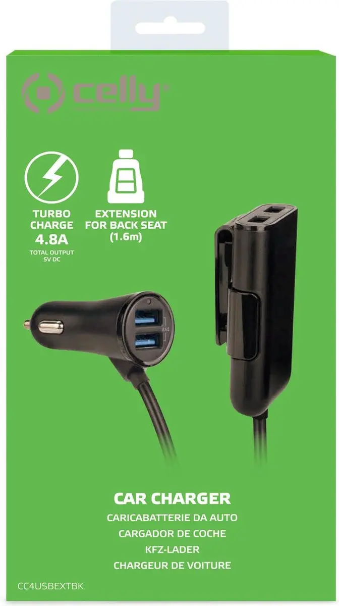 Celly CC4USBEXTBK USB Autolader 4x - 24W - 1,6m - Zwart