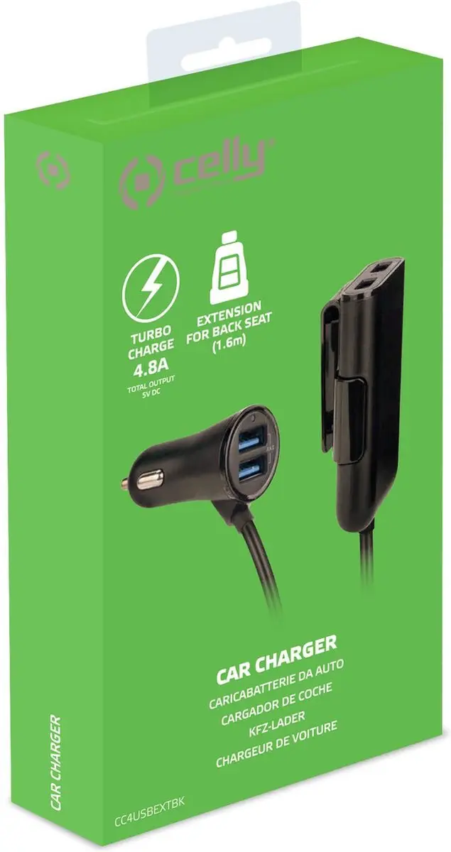 Celly CC4USBEXTBK USB Autolader 4x - 24W - 1,6m - Zwart