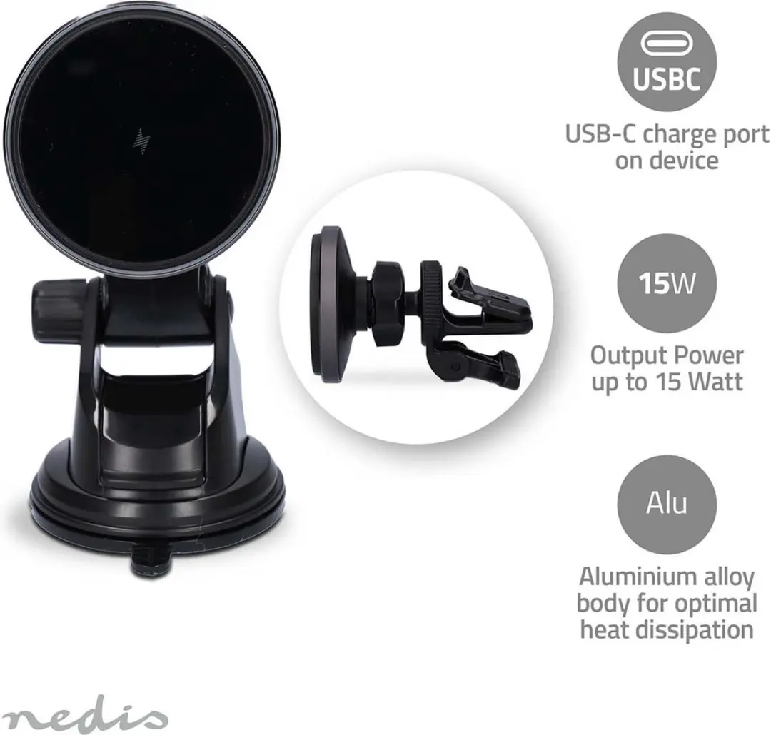 Nedis CCHAQM15W110BK Draadloze Autolader 10W - USB-C - Zwart - afbeelding 6 van 6