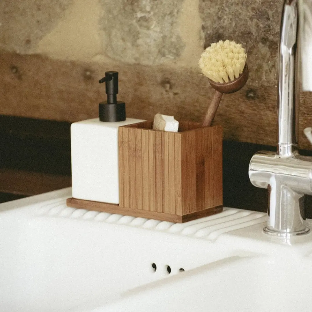 Wenko Afwasmiddel Dispenser met Borstelhouder 500ml - Hout