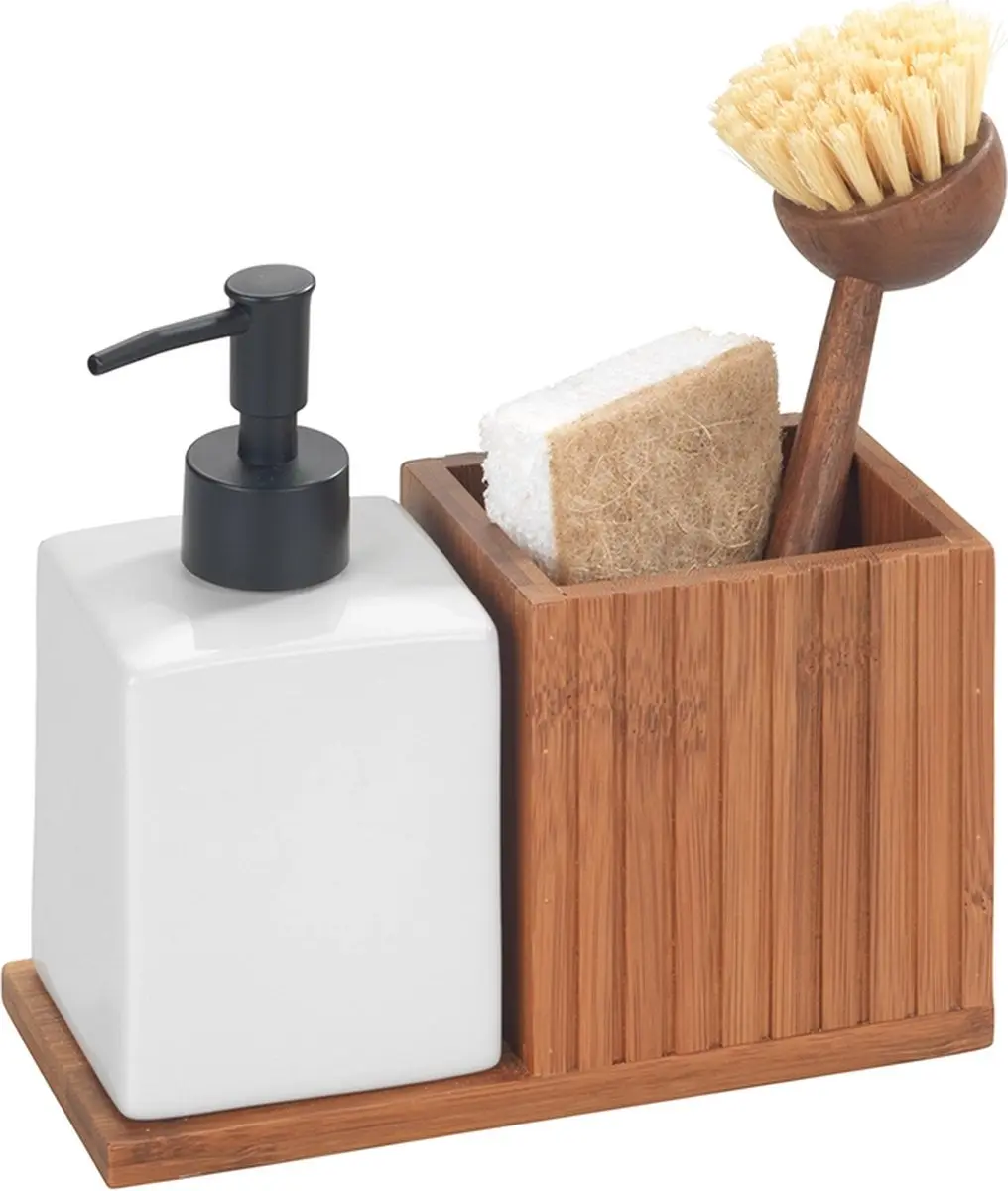 Wenko Afwasmiddel Dispenser met Borstelhouder 500ml - Hout