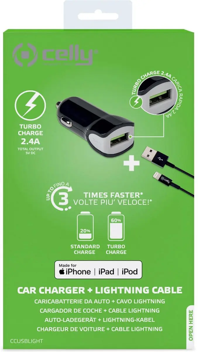 Celly CCUSBLIGHT USB-A Autolader & Lightning Kabel 2.4A - Zwart