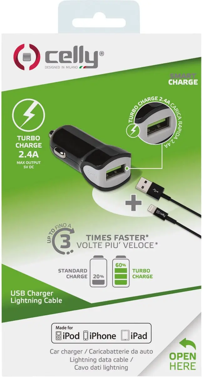 Celly CCUSBLIGHT USB-A Autolader & Lightning Kabel 2.4A - Zwart
