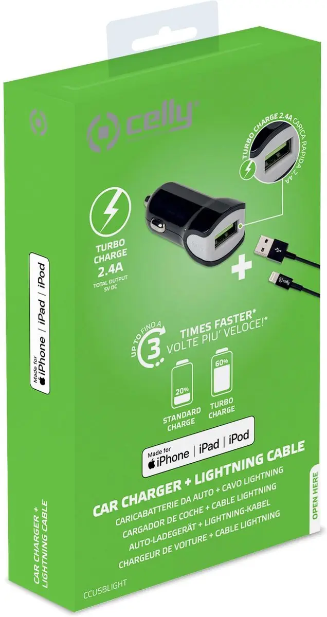 Celly CCUSBLIGHT USB-A Autolader & Lightning Kabel 2.4A - Zwart
