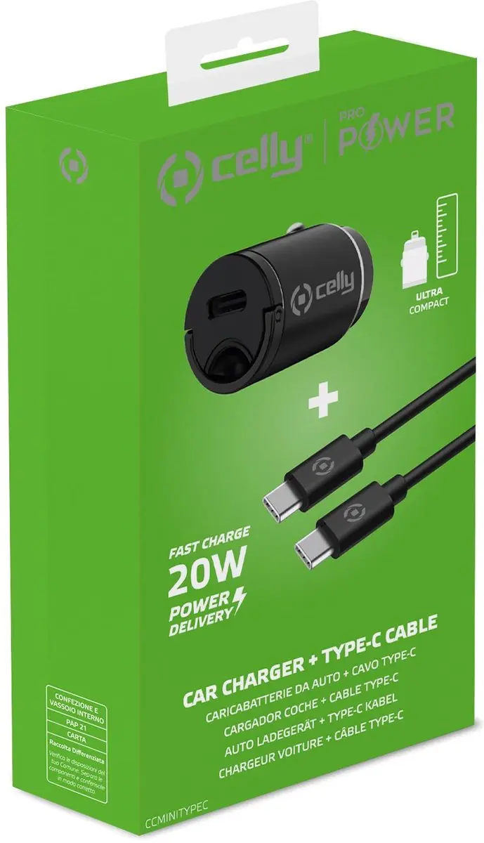 Celly CCMINITYPEC Autolader USB-C - 20W - 1m - Zwart