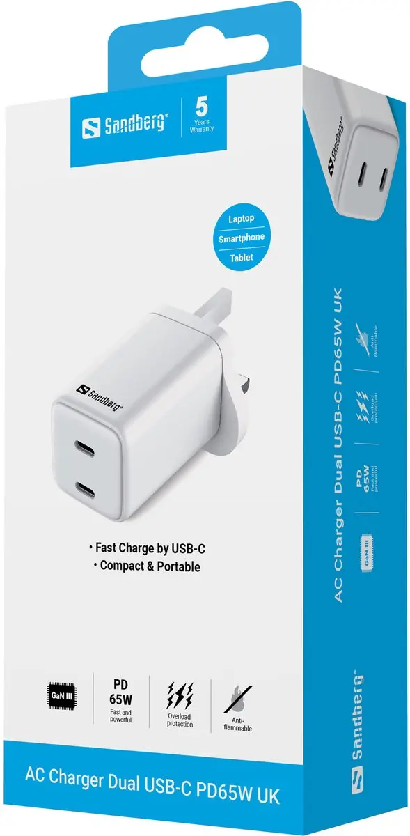 Sandberg 441-62 Oplader 65W - 2x USB-C - Wit