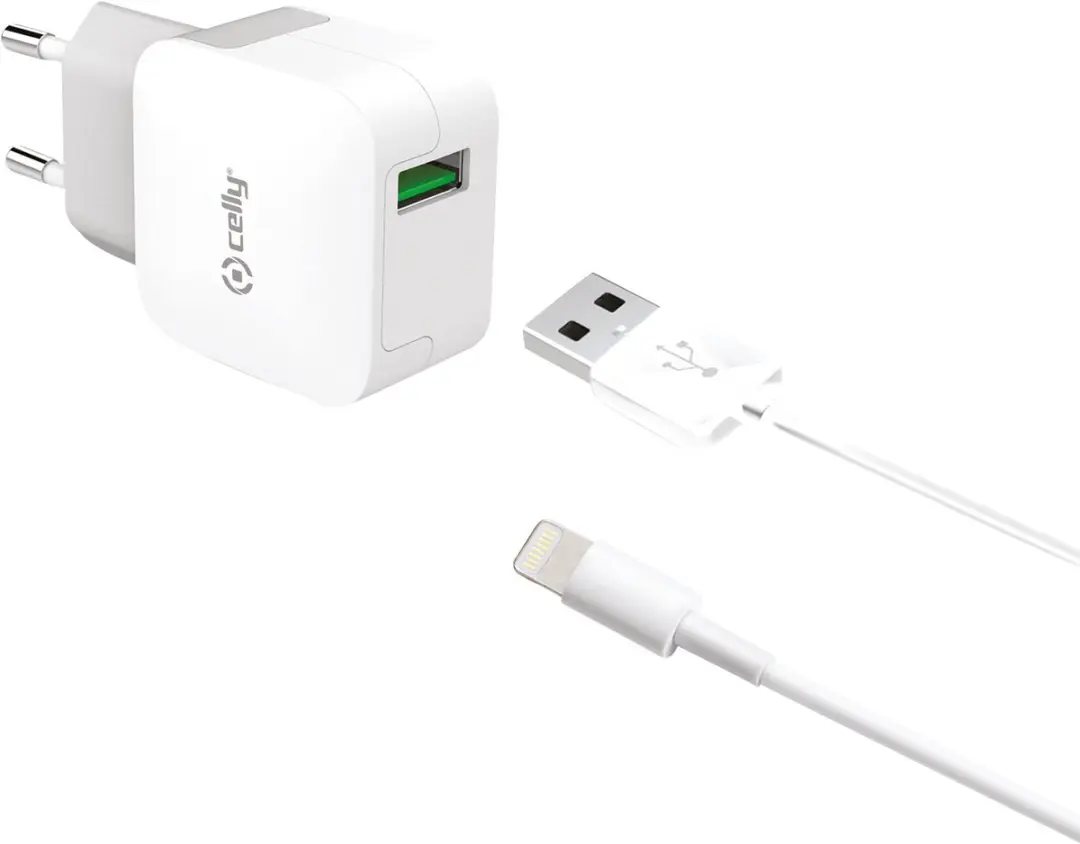 Celly TCUSBLIGHT USB-A Thuislader - 12W - 1m Lightning Kabel - Wit