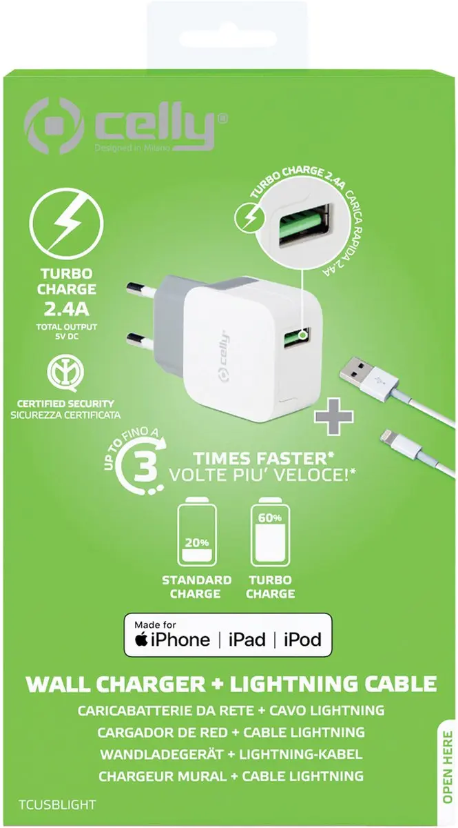Celly TCUSBLIGHT USB-A Thuislader - 12W - 1m Lightning Kabel - Wit