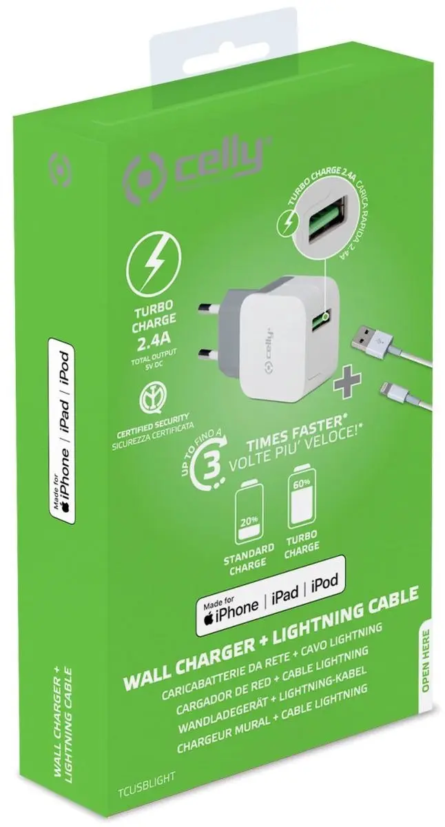 Celly TCUSBLIGHT USB-A Thuislader - 12W - 1m Lightning Kabel - Wit - afbeelding 6 van 6