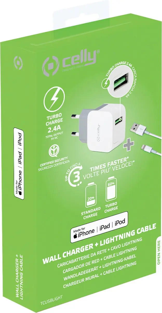 Celly TCUSBLIGHT USB-A Thuislader - 12W - 1m Lightning Kabel - Wit