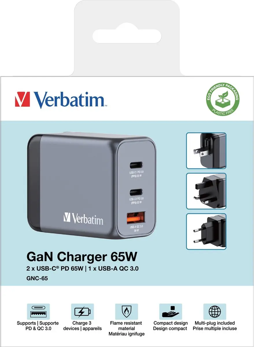Verbatim GNC-65 GaN Oplader 65W - 3 Poorten - Grijs