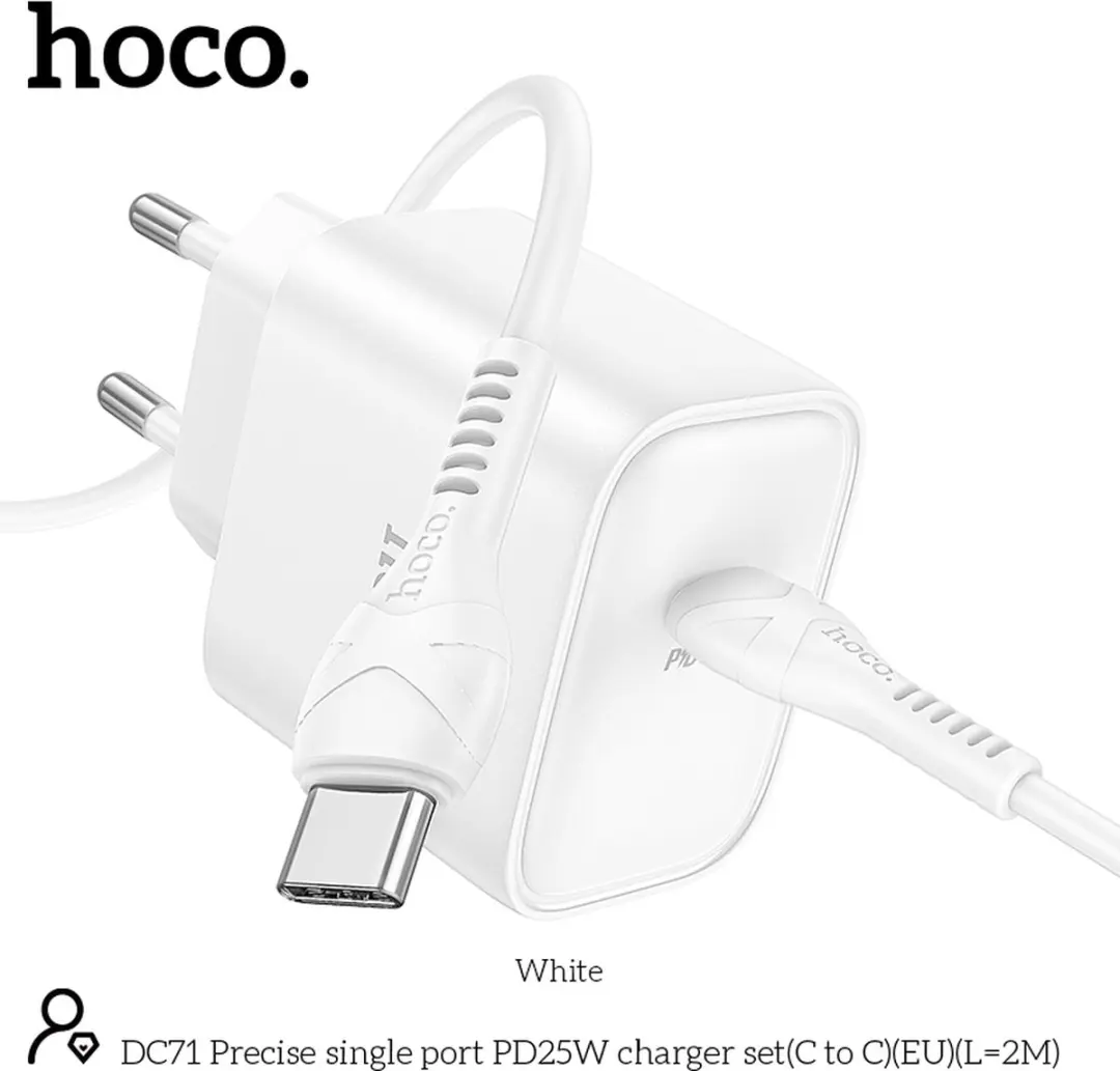 Hoco 25W Type C Snellader DC71 - USB-C naar USB-C Kabel 2m - Wit