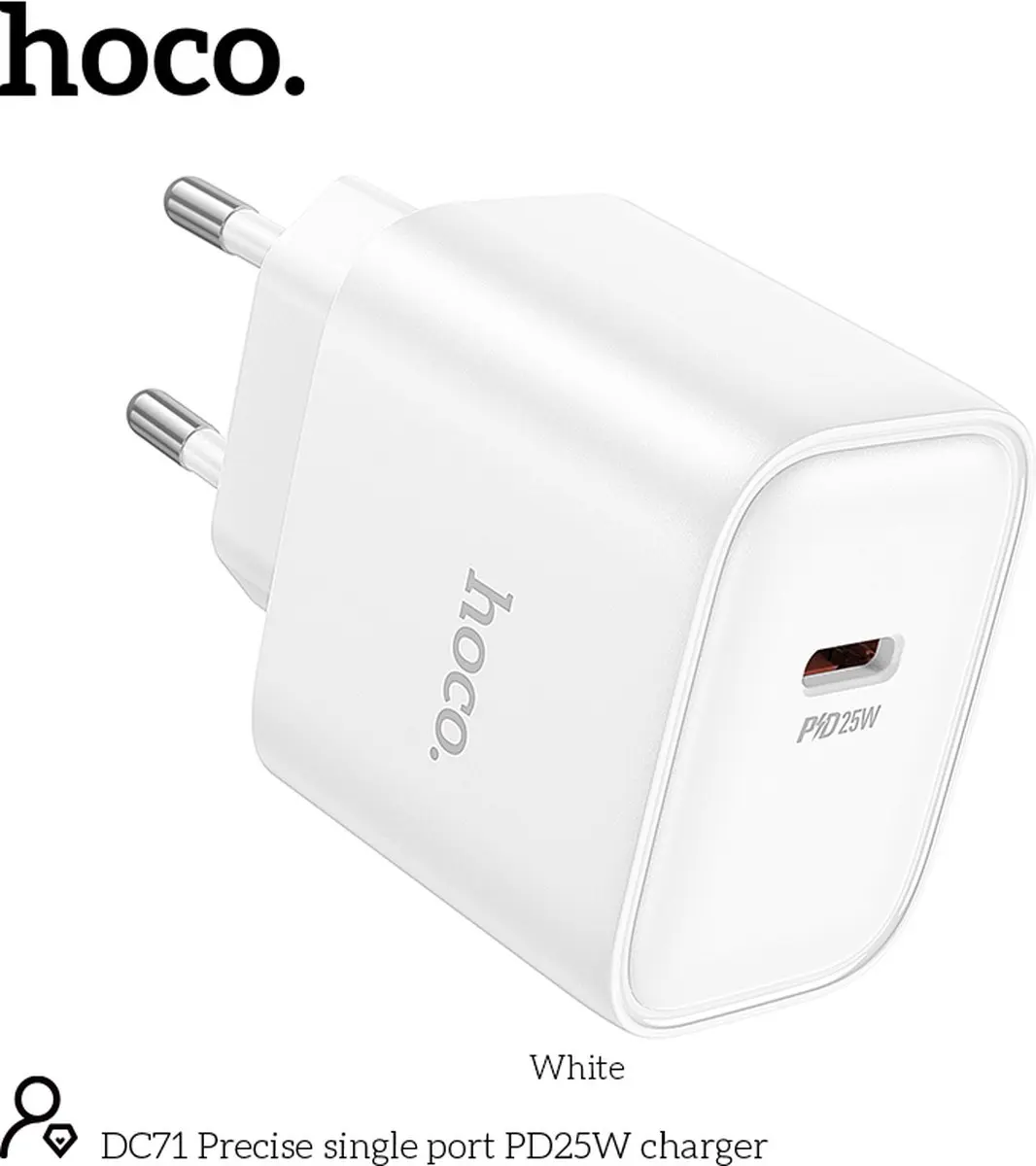 Hoco 25W Type C Snellader DC71 - USB-C naar USB-C Kabel 2m - Wit