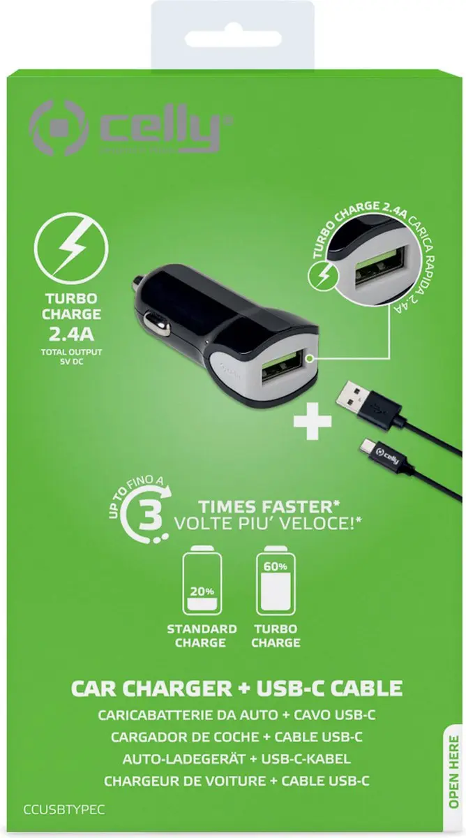 Celly CCUSBTYPEC USB-A Autolader & Kabel - 12W - 1m - Zwart