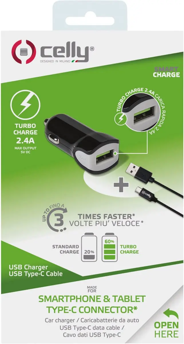 Celly CCUSBTYPEC USB-A Autolader & Kabel - 12W - 1m - Zwart