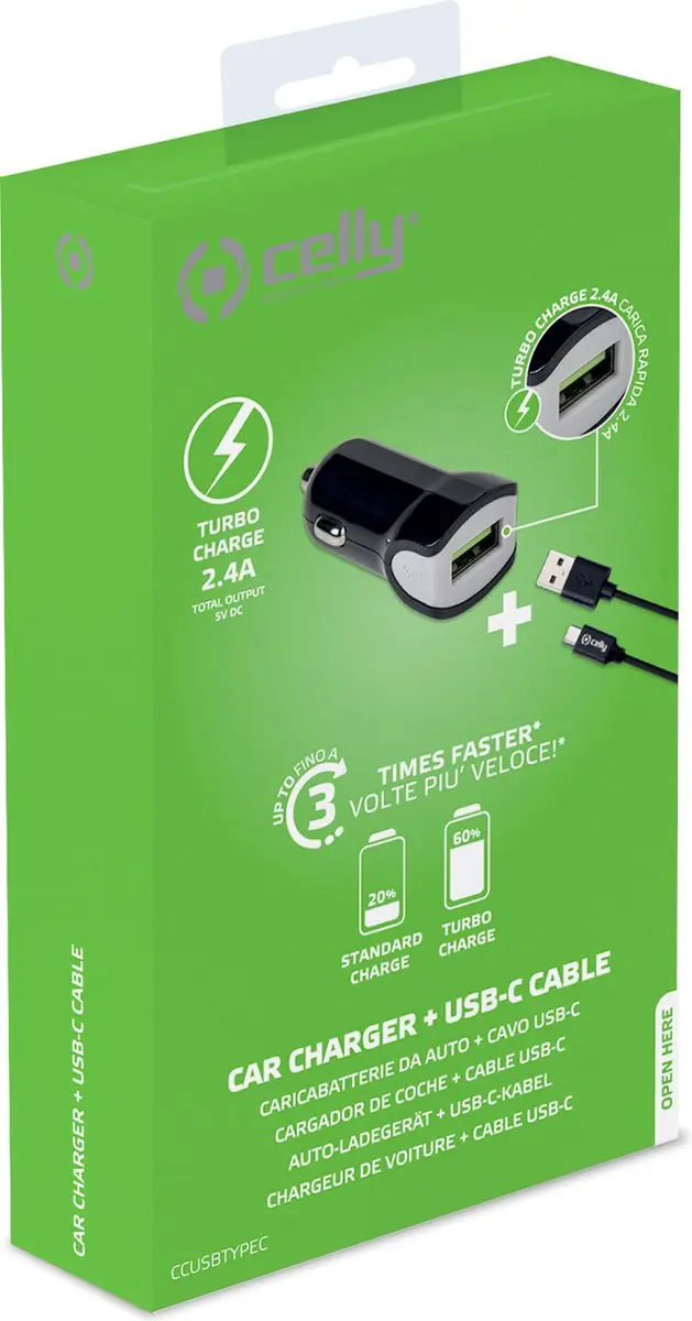 Celly CCUSBTYPEC USB-A Autolader & Kabel - 12W - 1m - Zwart