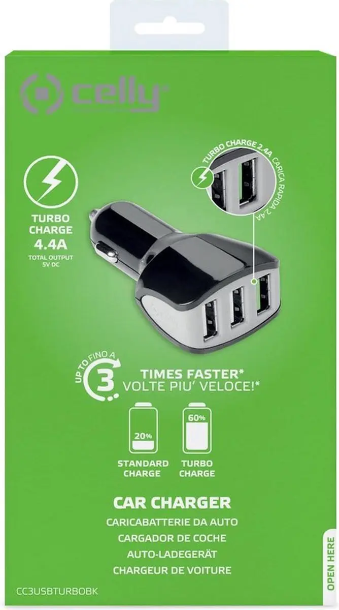 Celly CC3USBTURBOBK Autolader 3x USB-A 4.4A - Zwart