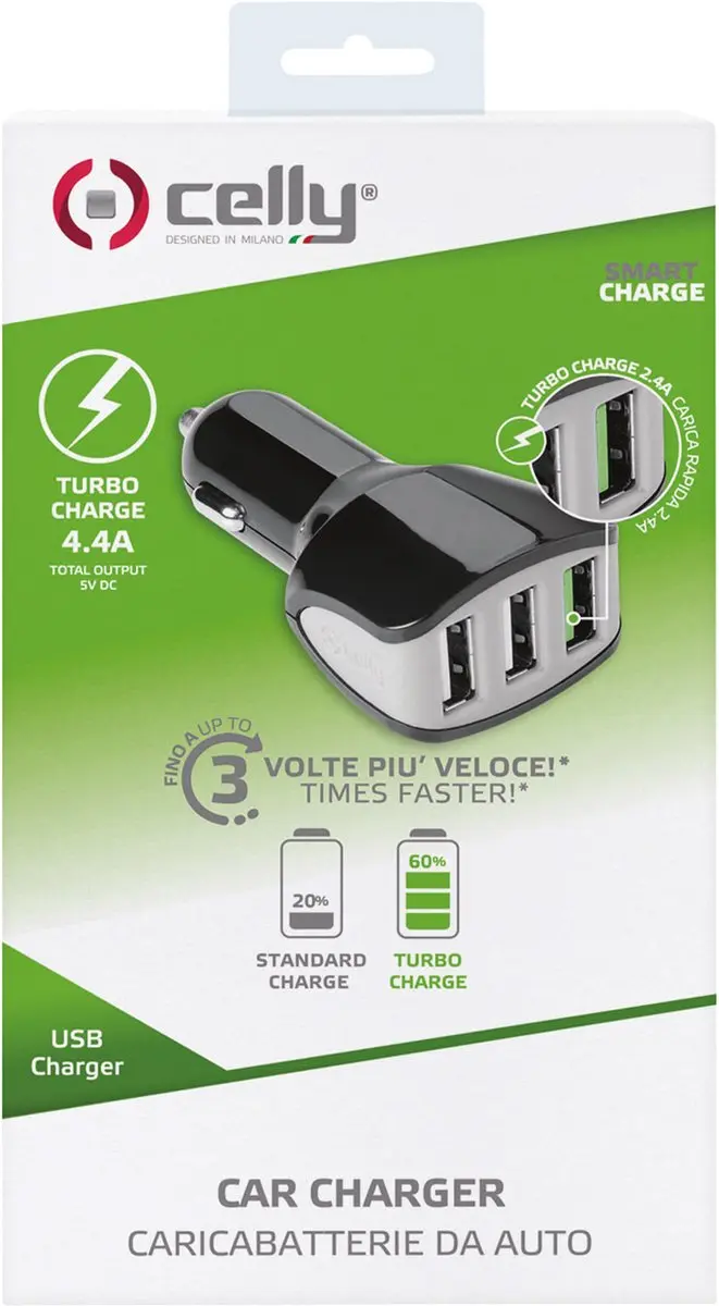 Celly CC3USBTURBOBK Autolader 3x USB-A 4.4A - Zwart
