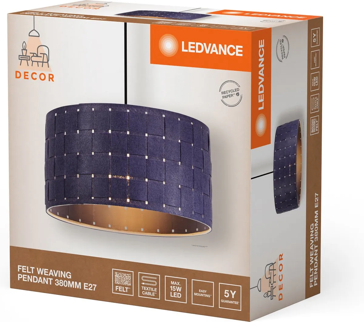 LEDVANCE Decor Felt Weaving Hanglamp - Grijs - E27 - Ø38cm - afbeelding 6 van 6