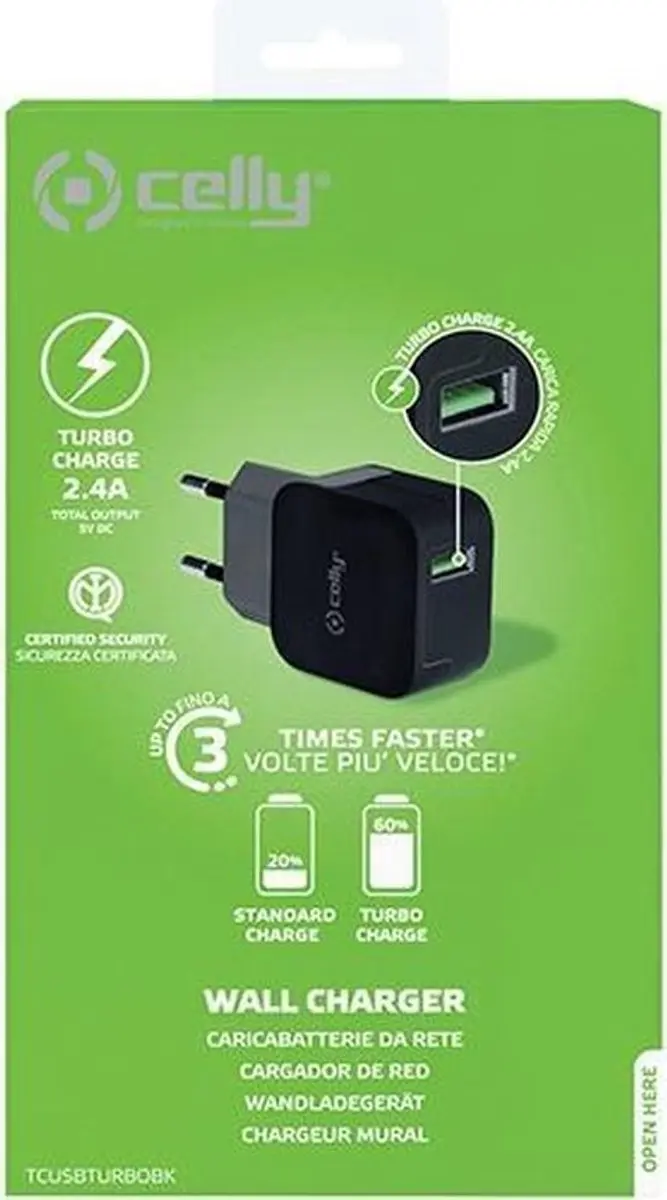 Celly Thuislader Turbo 1 USB-poort 2.4A - Zwart