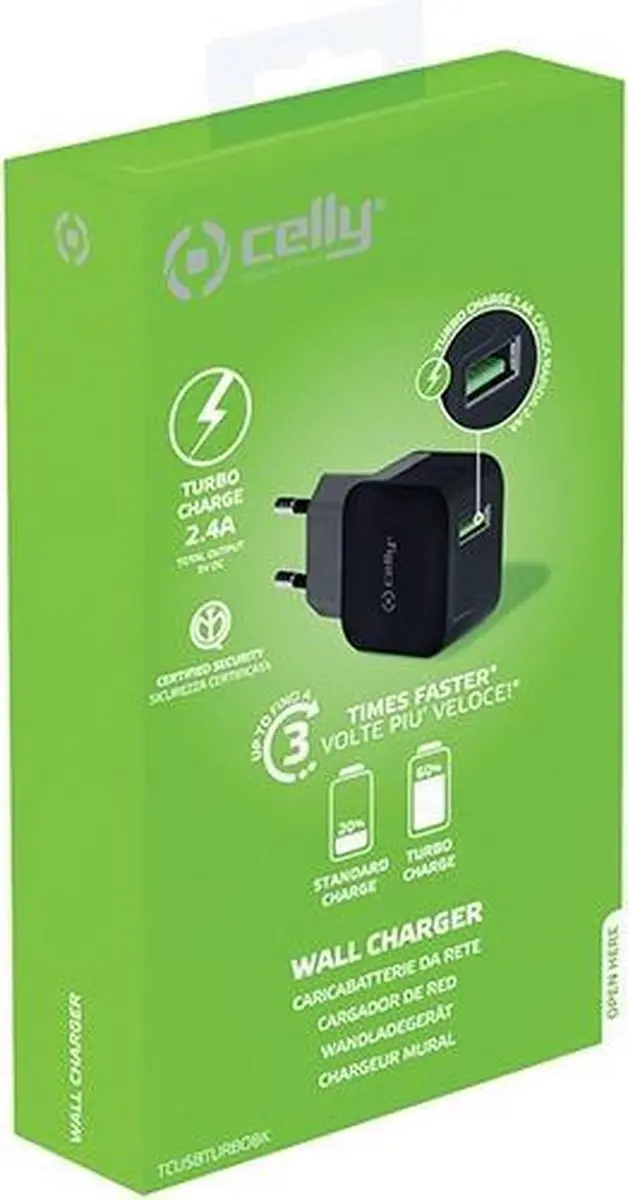 Celly Thuislader Turbo 1 USB-poort 2.4A - Zwart