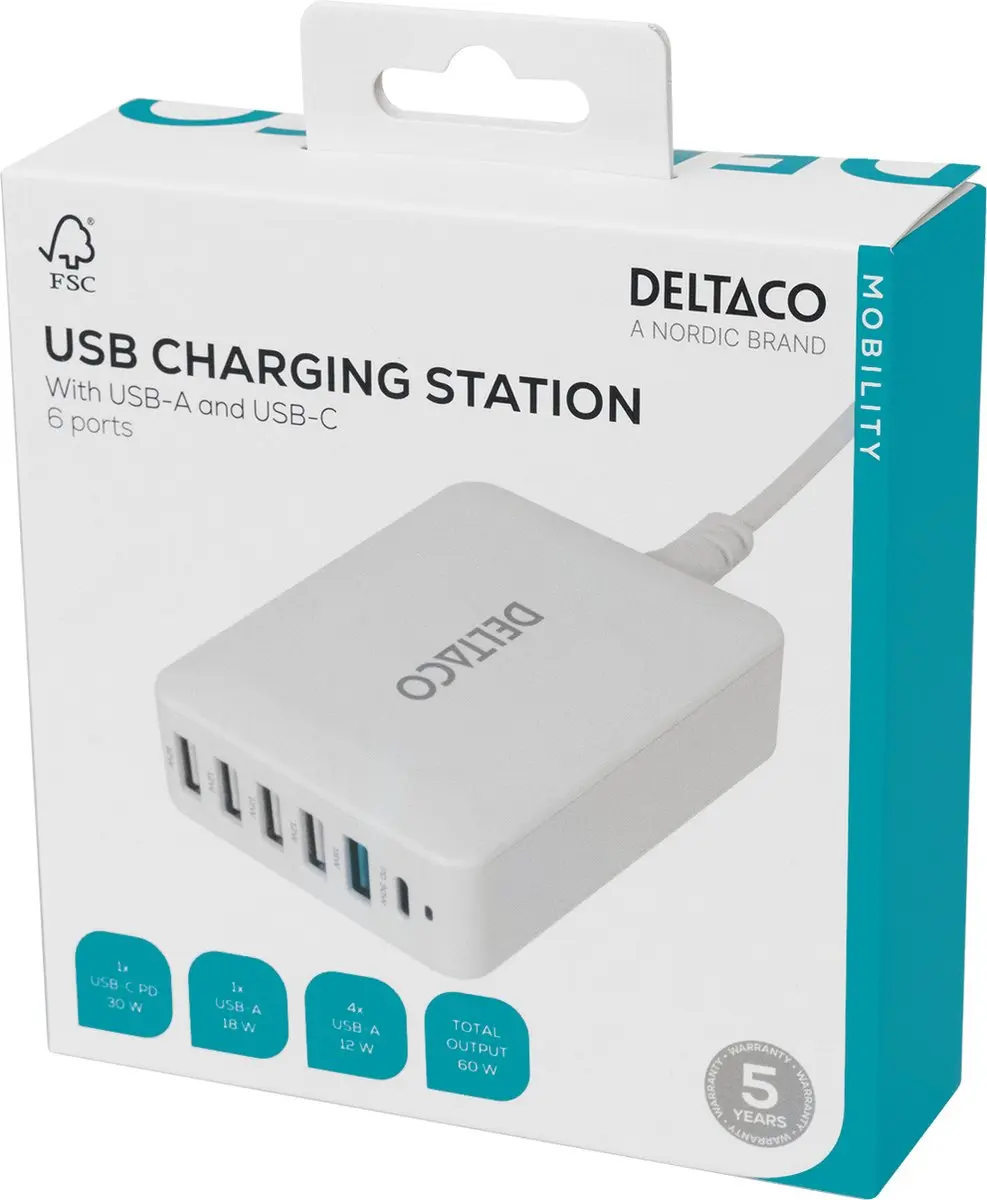 Deltaco USBC-MO100 USB Oplaadstation 60W - 6 Poorten - Wit - afbeelding 6 van 6