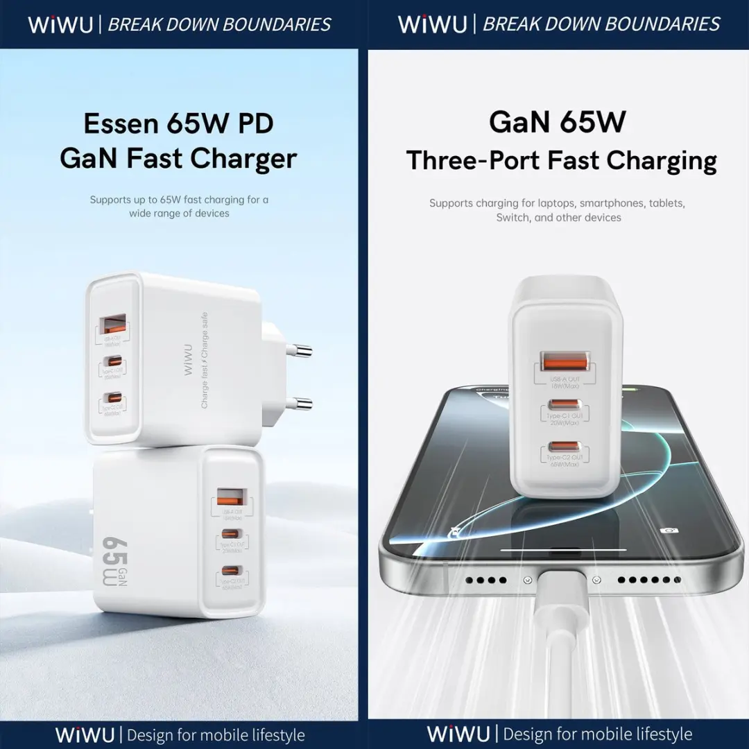WiWu 65W Driepoorts Snellader - 3x USB-C - Wit