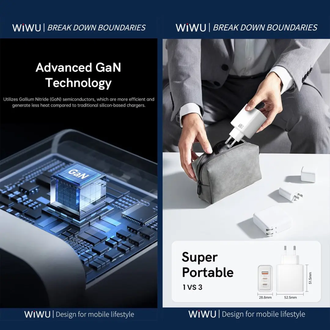 WiWu 65W Driepoorts Snellader - 3x USB-C - Wit - afbeelding 6 van 6