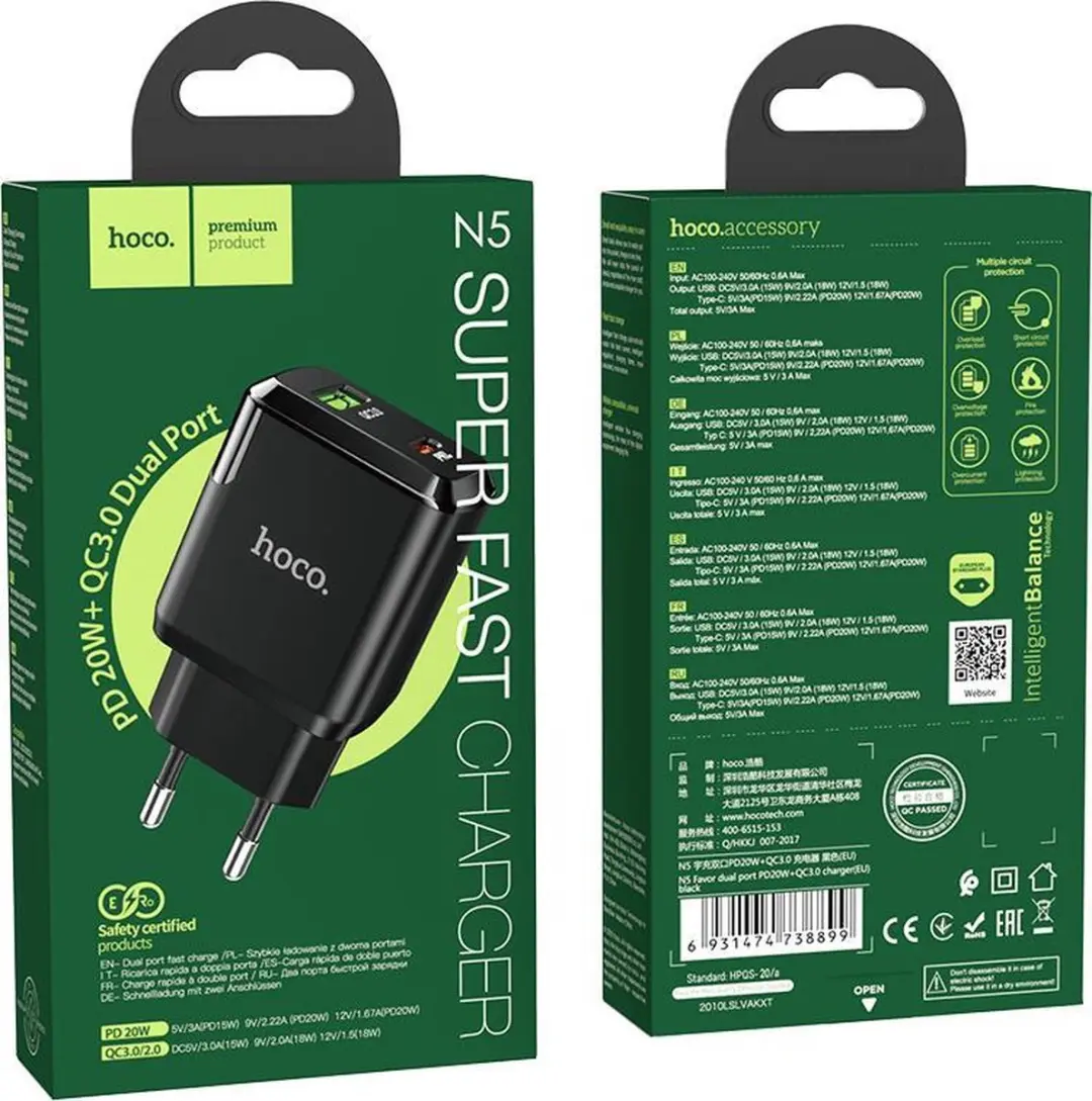 Hoco N5 Favor Oplader 20W - 2 Poorten - Zwart