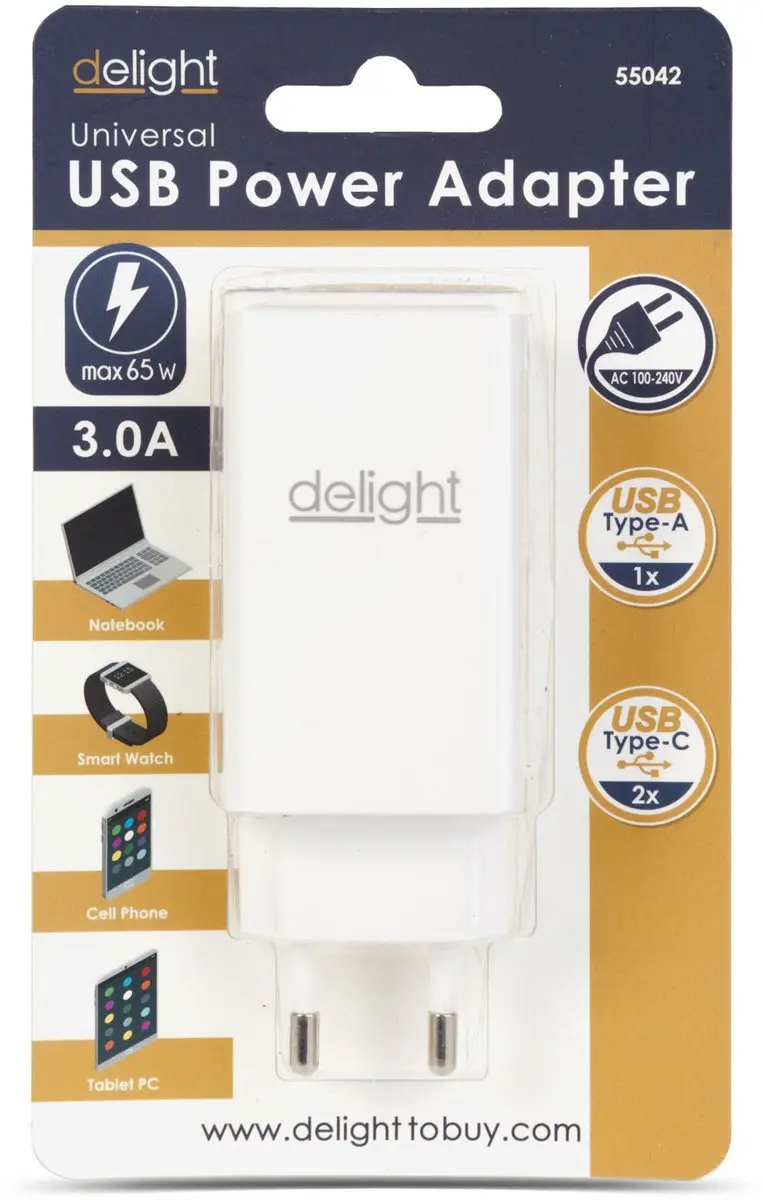 Delight Oplaadblok 65W - USB-A 20W & USB-C PD 45W - 3 Poorten - Wit