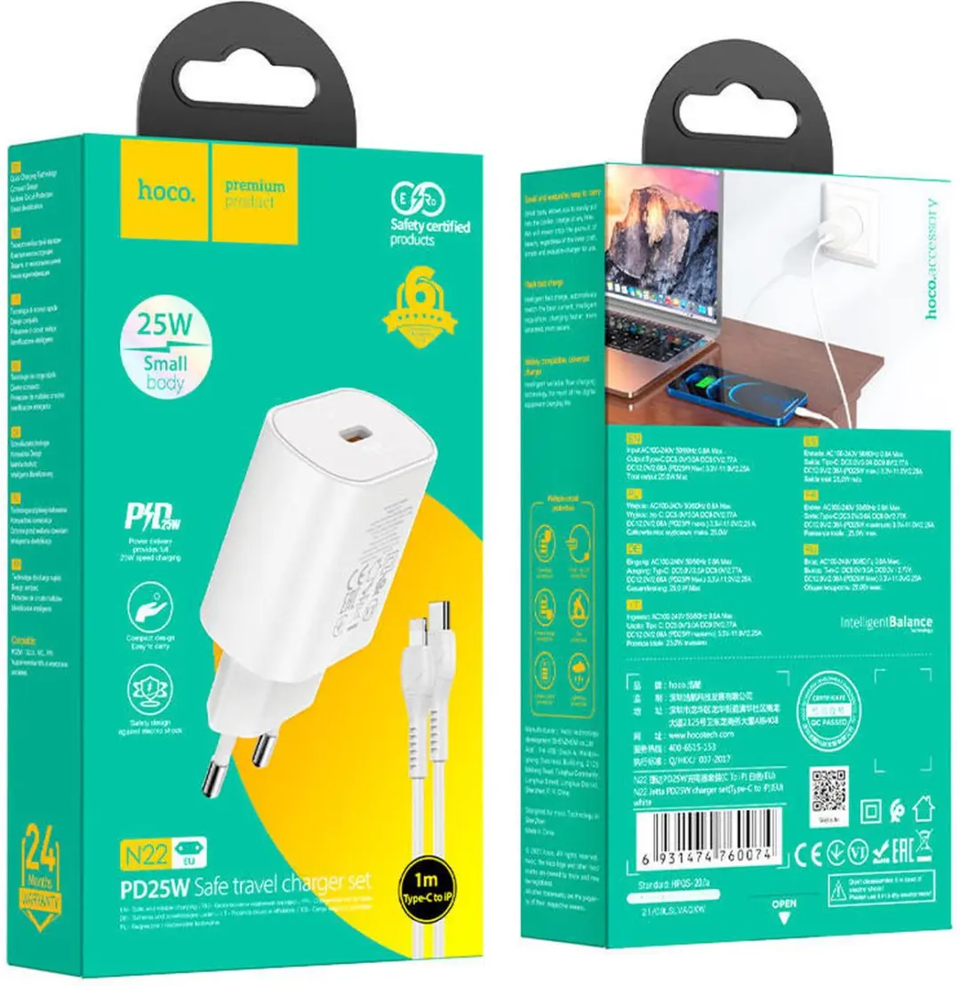 Hoco N22 USB-C Snellader 25W PD - USB-C Lightning Kabel 1M Wit - afbeelding 6 van 6