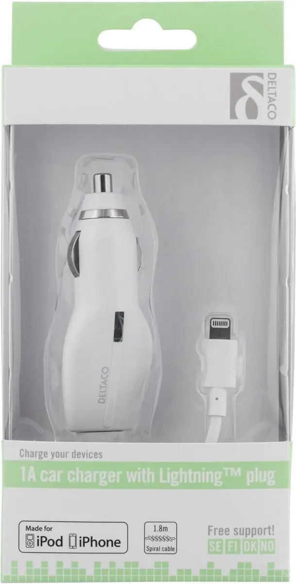 Deltaco USB-CAR72 Autolader - 5W - 1,8m Spiraalkabel - Wit