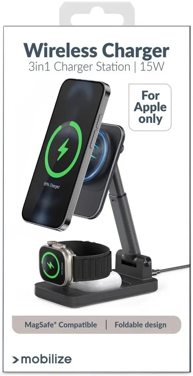 Mobilize 3in1 MagSafe Oplader 15W - Zwart