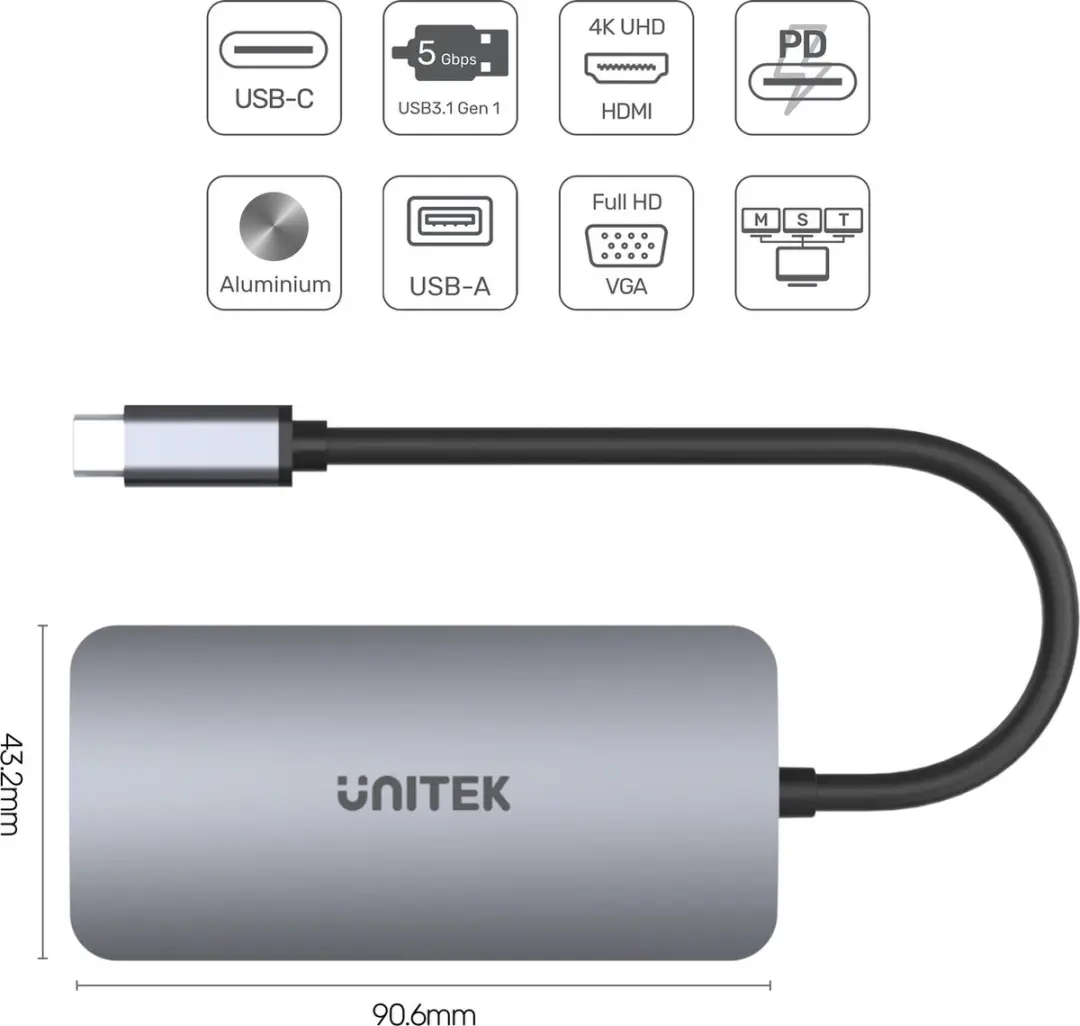UNITEK P5 Trio USB 3.2 Gen 1 Type-C Kabel - Grijs