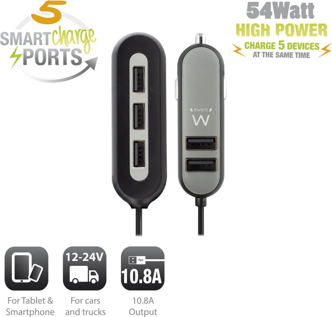 Ewent EW1355 5-Poorts USB-Autolader 10.8A - Zwart - afbeelding 6 van 6
