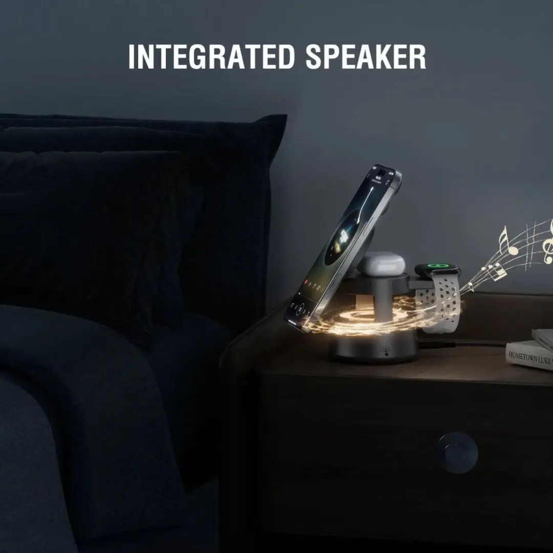 4Smarts Aura Sound 541327 Laadstation - 3-in-1 Qi2 - Bluetooth Speaker - Grijs - afbeelding 6 van 6