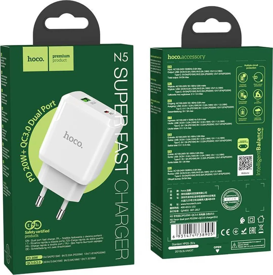 Hoco N5 Favor Oplader 20W - 2 Poorten - Wit