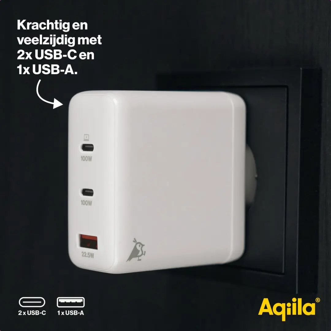 Aqiila Chargebird W4 USB-C Oplader 120W - 2x USB-C, 1x USB-A - Wit - afbeelding 6 van 6