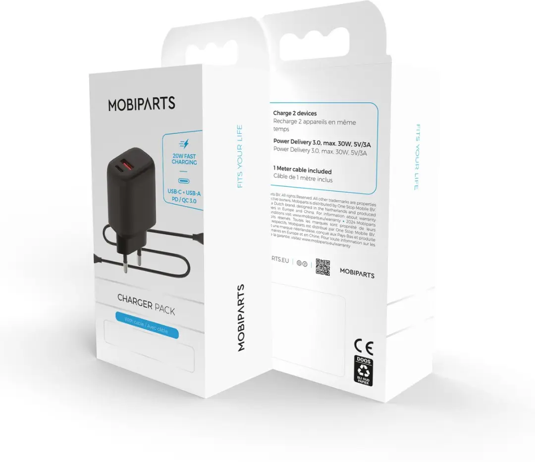 Mobiparts MP-126332 USB-C/USB-A Lader 20W - Zwart